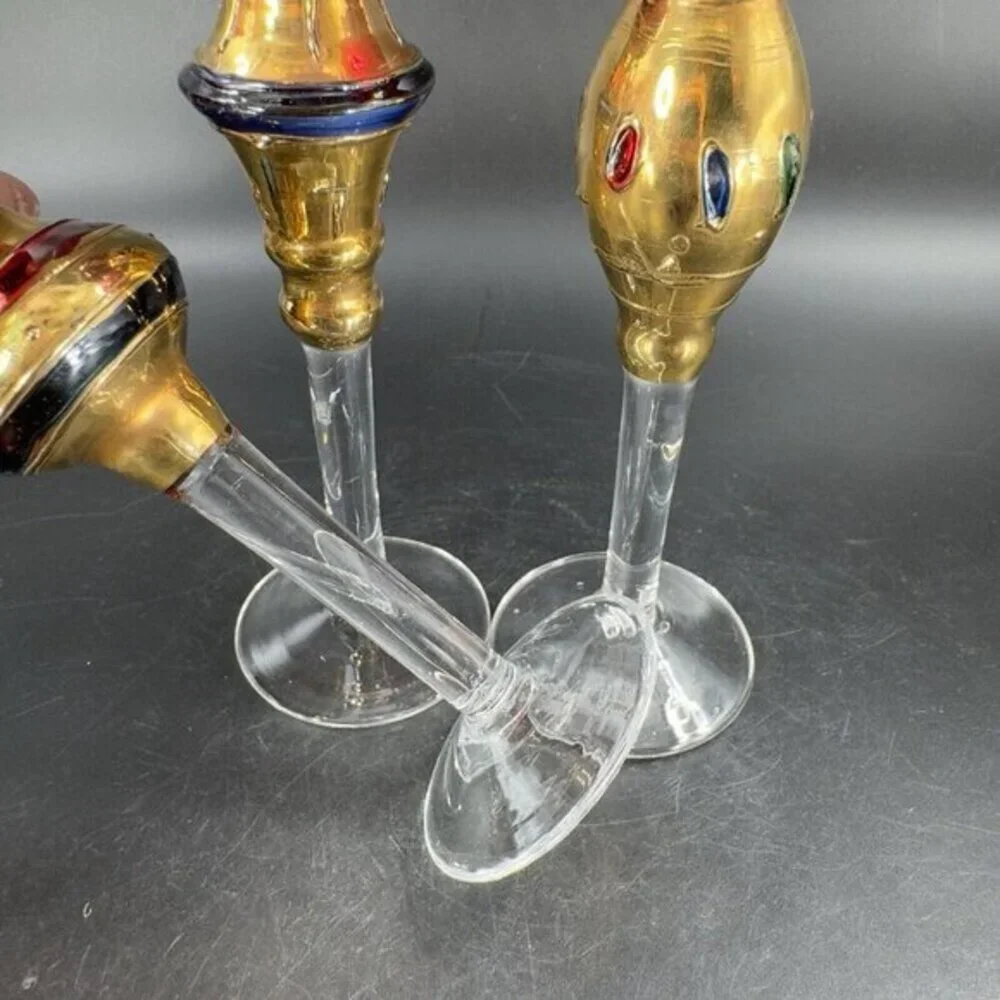 Bombay Company Romanov Ruby Gold Long Stem Cordial Glasses Cadmium UV Glow Set 3